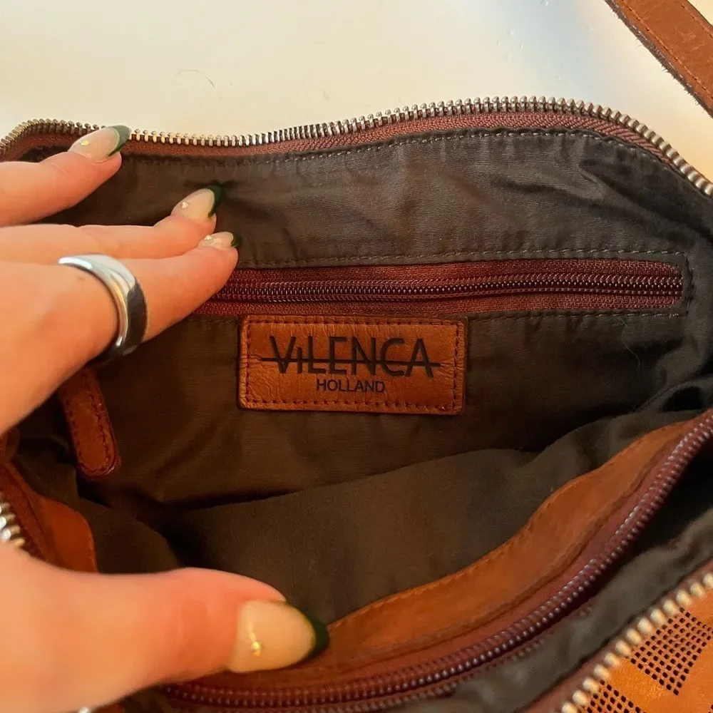 Vilenca Holland Perforated Leather Pattern Crossbody Tote Bag Tan